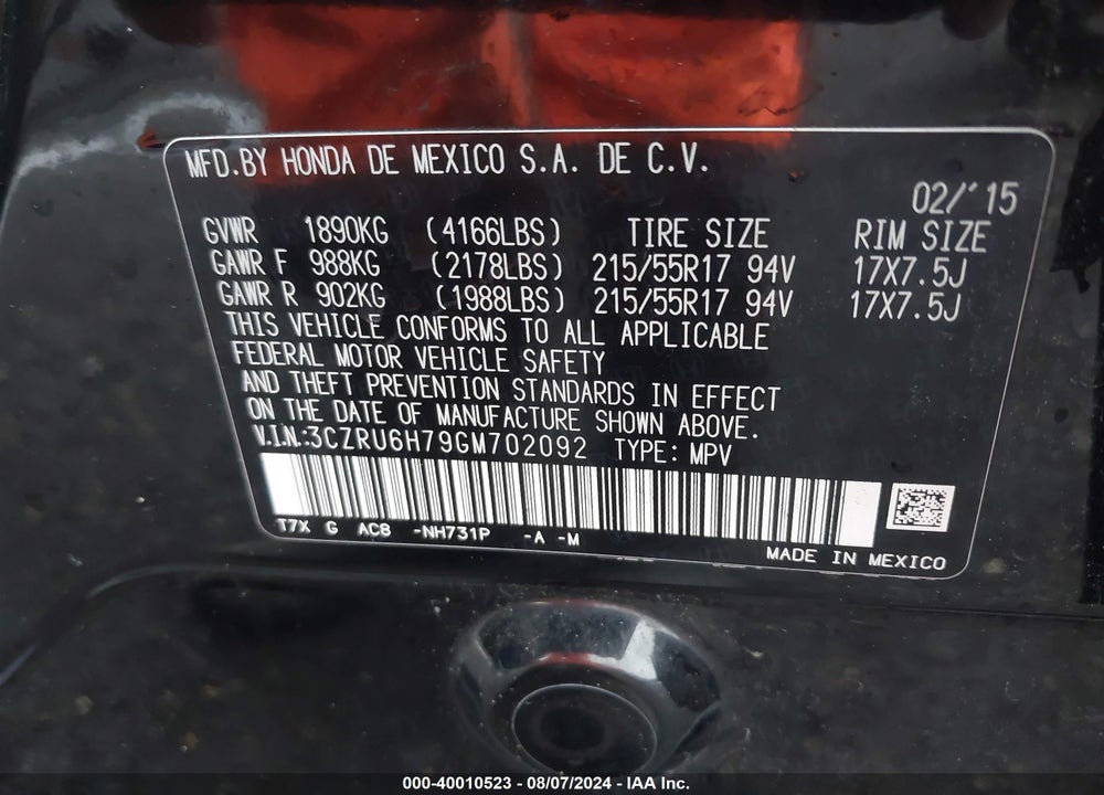 2016 HONDA HR-V EX-L VIN: 3CZRU6H79GM702092