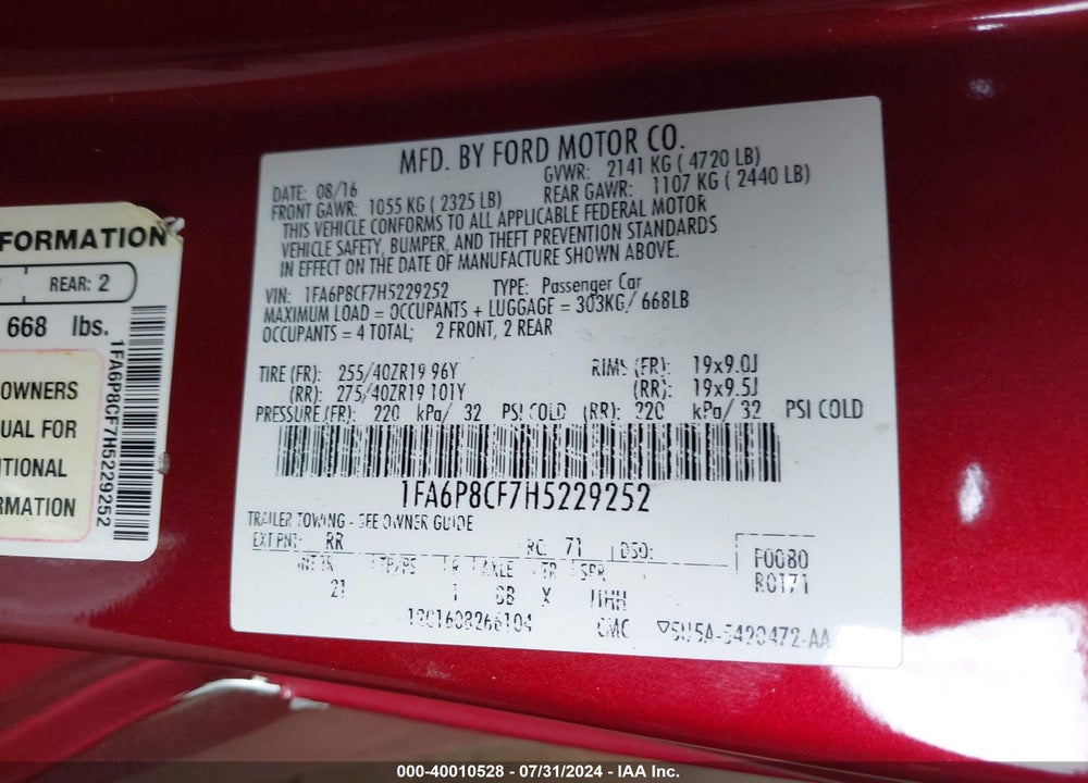 2017 FORD MUSTANG GT VIN: 1FA6P8CF7H5229252