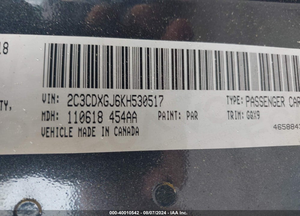 2019 DODGE CHARGER SCAT PACK RWD VIN: 2C3CDXGJ6KH530517