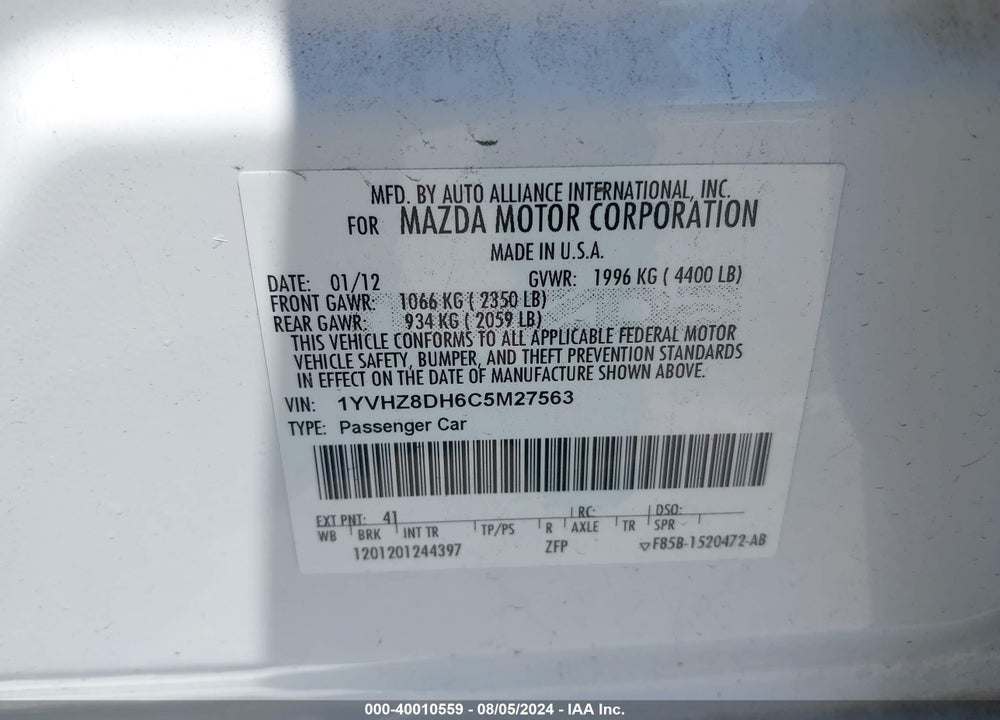 2012 MAZDA 6 I TOURING VIN: 1YVHZ8DH6C5M27563