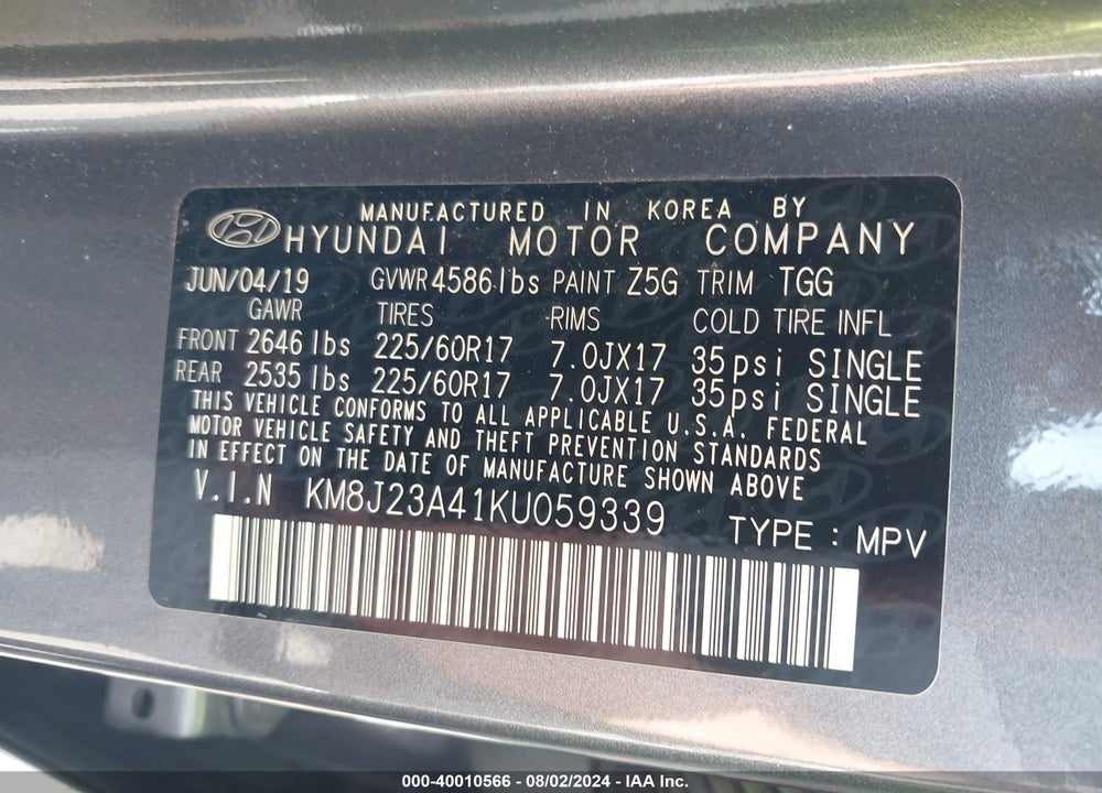 2019 HYUNDAI TUCSON SE VIN: KM8J23A41KU059339