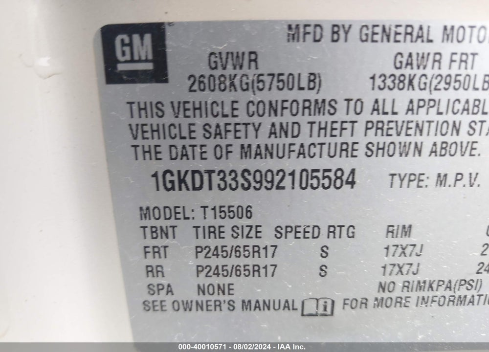 2009 GMC ENVOY SLE VIN: 1GKDT33S992105584