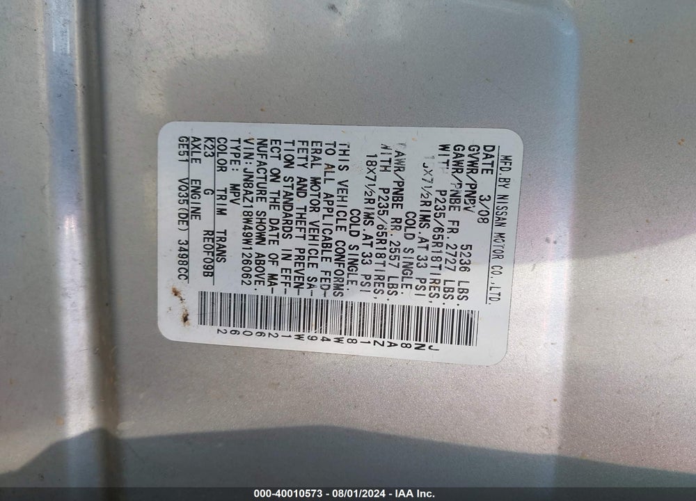 2009 NISSAN MURANO SL VIN: JN8AZ18W49W126062