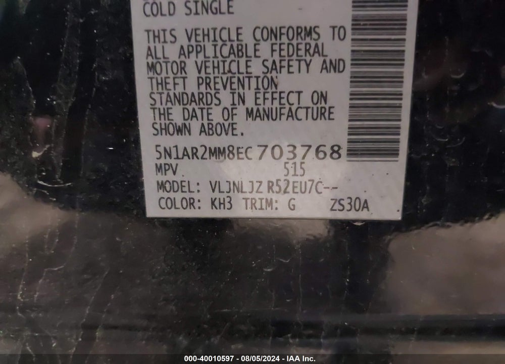 2014 NISSAN PATHFINDER PLATINUM VIN: 5N1AR2MM8EC703768
