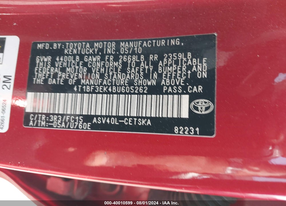2011 TOYOTA CAMRY SE VIN: 4T1BF3EK4BU605262