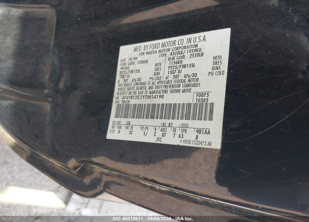 2000 MAZDA B2500 SE/SX VIN: 4F4YR12C1YTM14198