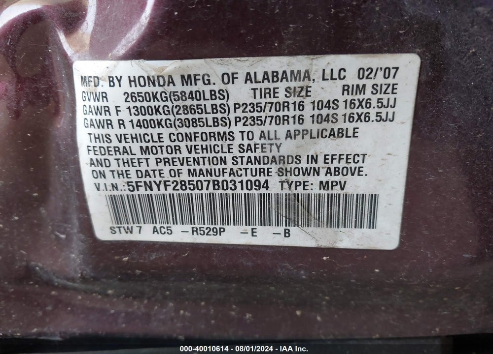 2007 HONDA PILOT EX-L VIN: 5FNYF28507B031094