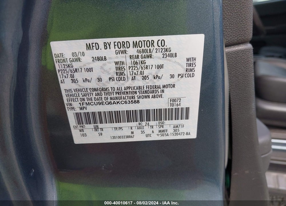 2010 FORD ESCAPE LIMITED VIN: 1FMCU9EG6AKC63588