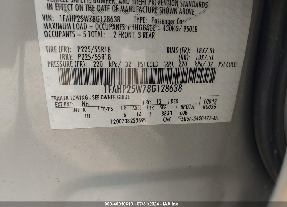 2008 FORD TAURUS LIMITED VIN: 1FAHP25W78G128638