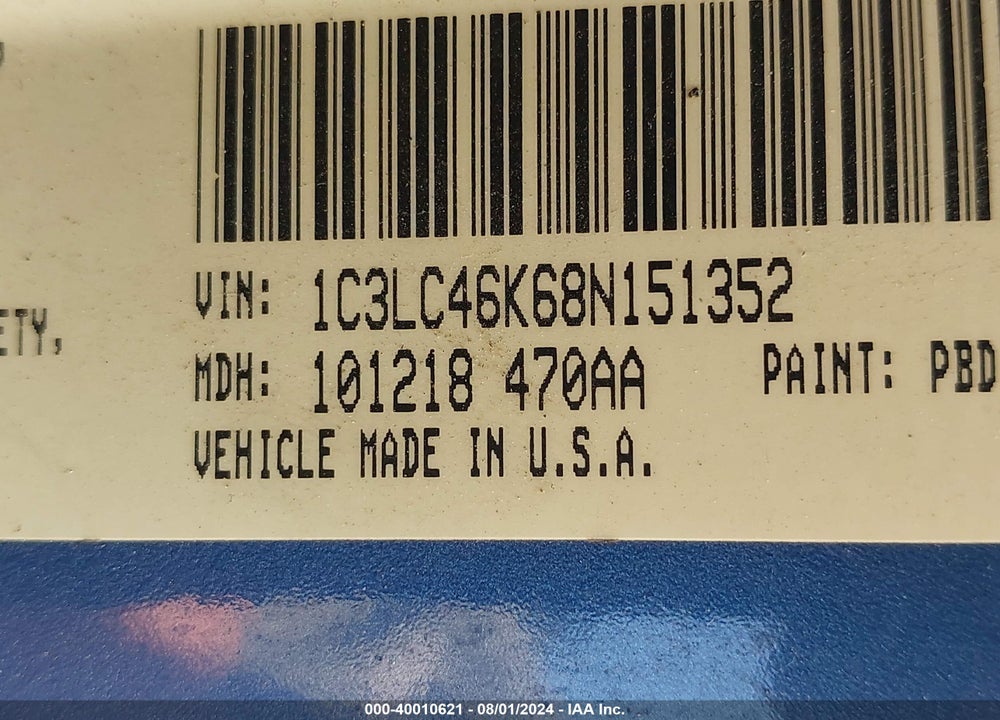 2008 CHRYSLER SEBRING LX VIN: 1C3LC46K68N151352