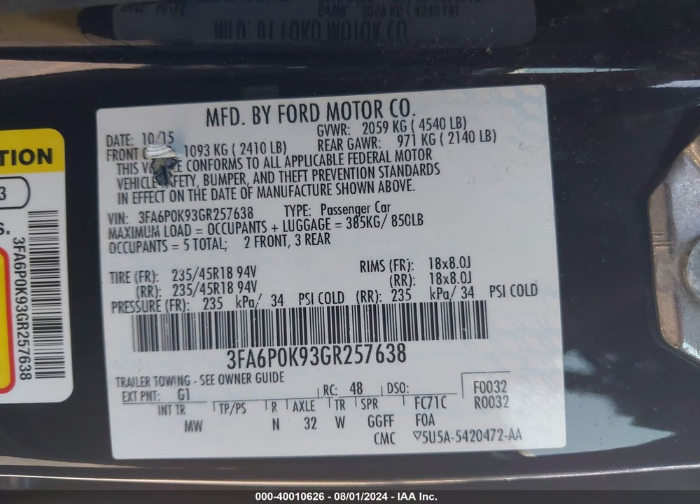 2016 FORD FUSION TITANIUM VIN: 3FA6P0K93GR257638