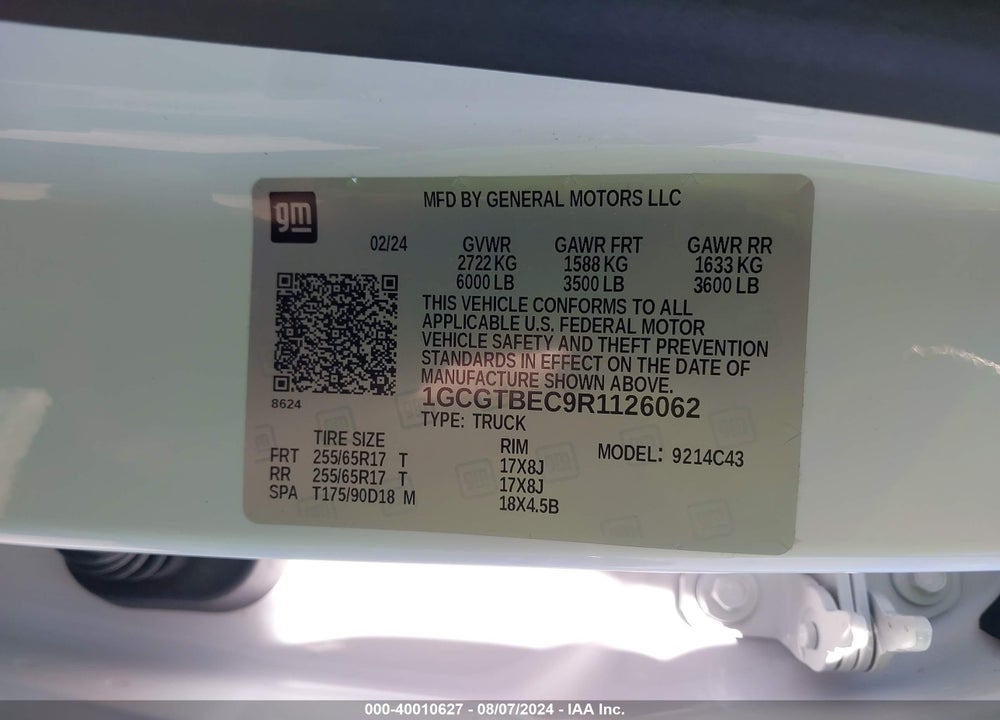 2024 CHEVROLET COLORADO 4WD WT VIN: 1GCGTBEC9R1126062