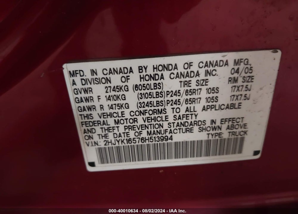 2006 HONDA RIDGELINE RTL VIN: 2HJYK16576H513994