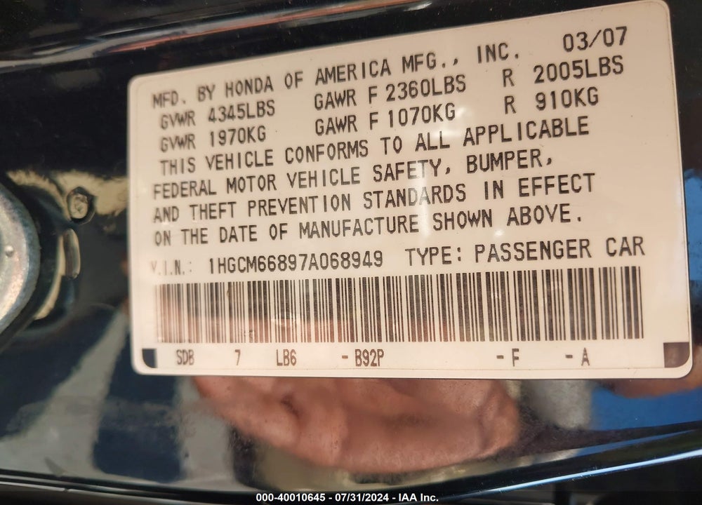 2007 HONDA ACCORD 3.0 EX VIN: 1HGCM66897A068949