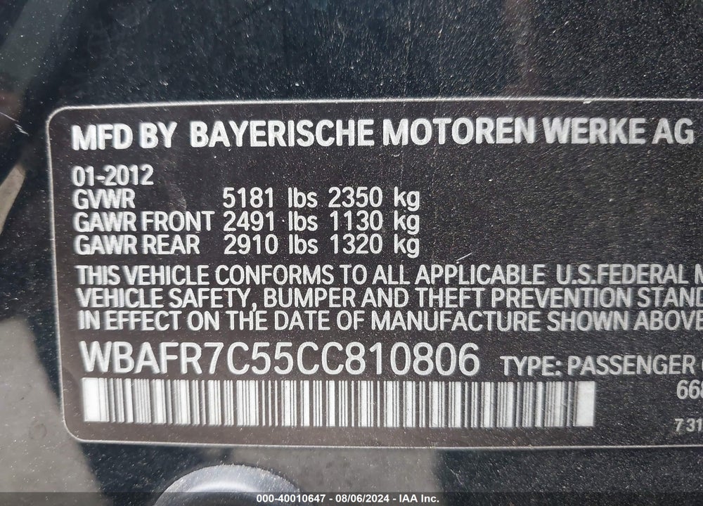 2012 BMW 535I VIN: WBAFR7C55CC810806