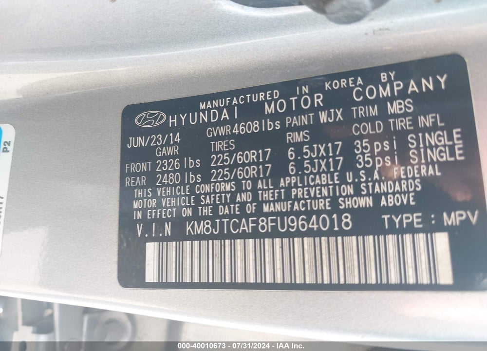 2015 HYUNDAI TUCSON GLS VIN: KM8JTCAF8FU964018