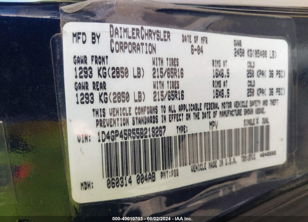 2005 DODGE CARAVAN SXT VIN: 1D4GP45R55B219267