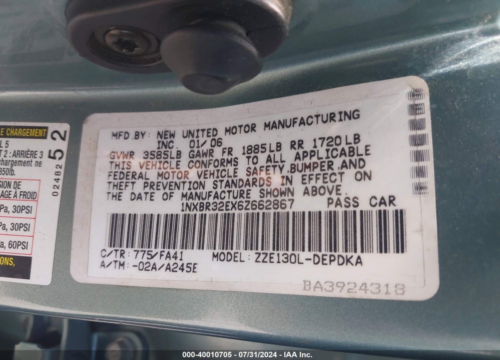 2006 TOYOTA COROLLA CE VIN: 1NXBR32EX6Z662867