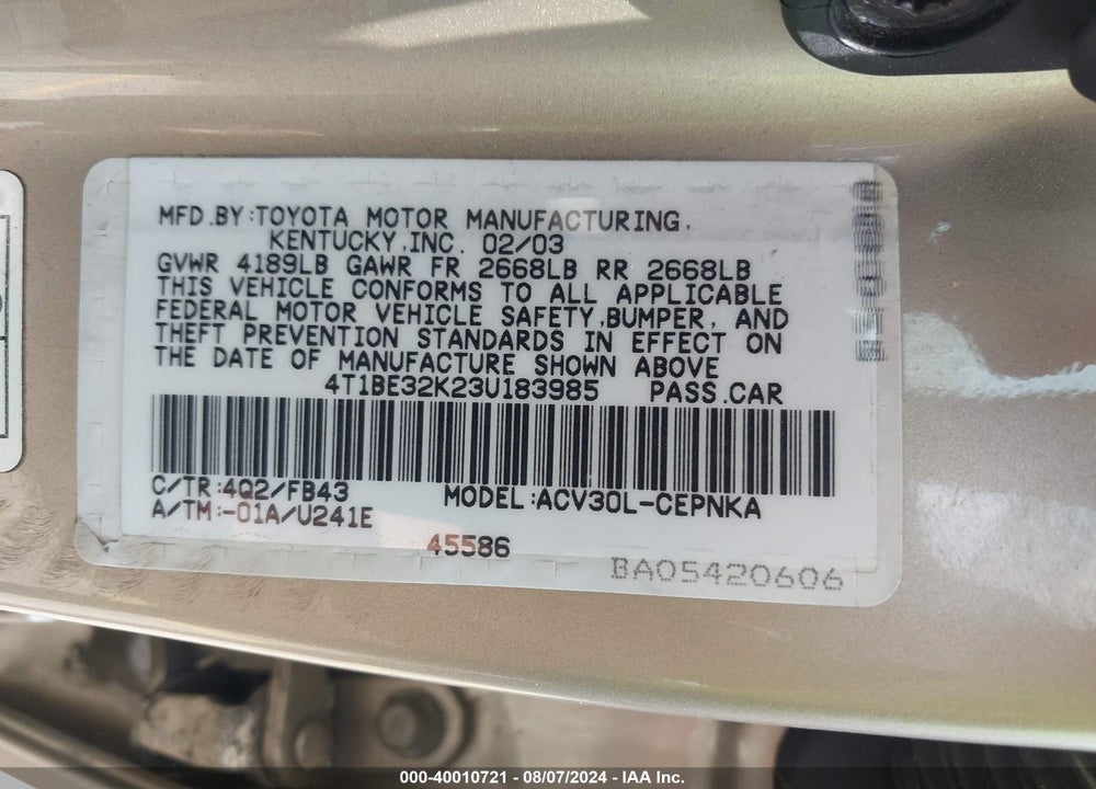 2003 TOYOTA CAMRY LE VIN: 4T1BE32K23U183985