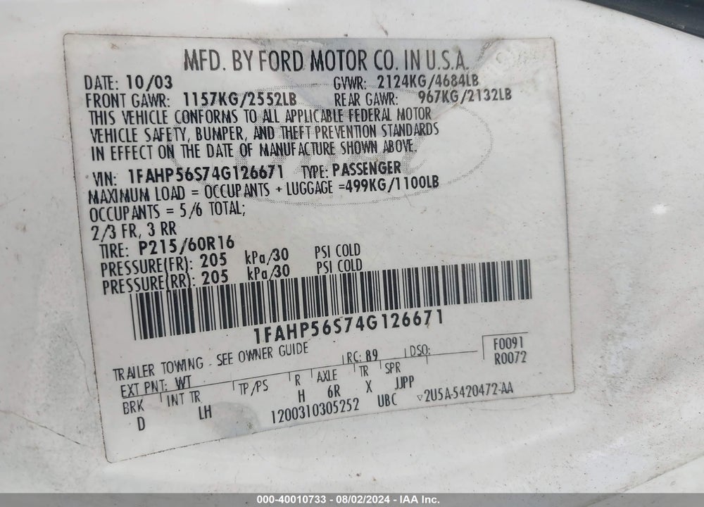 2004 FORD TAURUS SEL VIN: 1FAHP56S74G126671