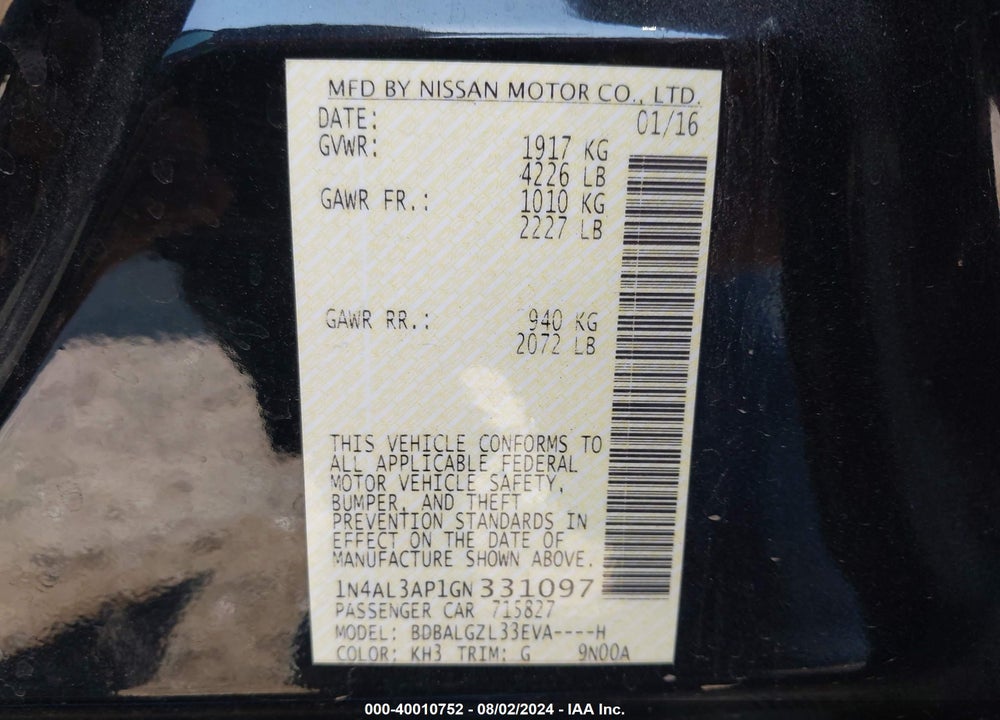2016 NISSAN ALTIMA 2.5 S VIN: 1N4AL3AP1GN331097