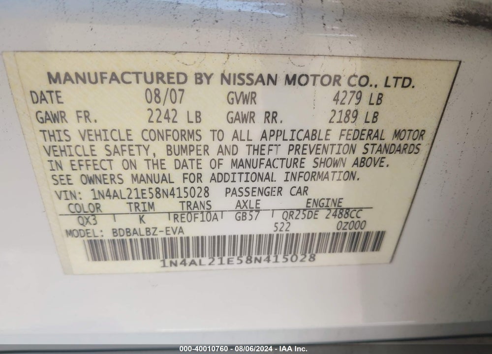 2008 NISSAN ALTIMA 2.5 S VIN: 1N4AL21E58N415028