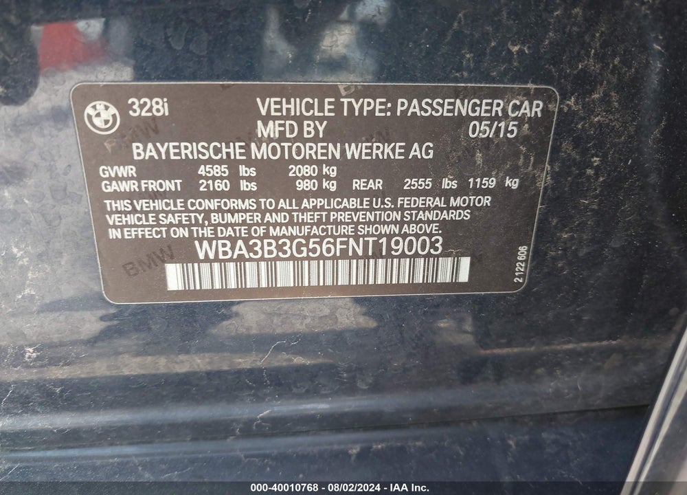2015 BMW 328I XDRIVE VIN: WBA3B3G56FNT19003