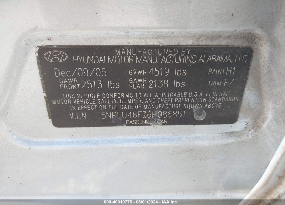 2006 HYUNDAI SONATA GLS V6/LX V6 VIN: 5NPEU46F36H086851