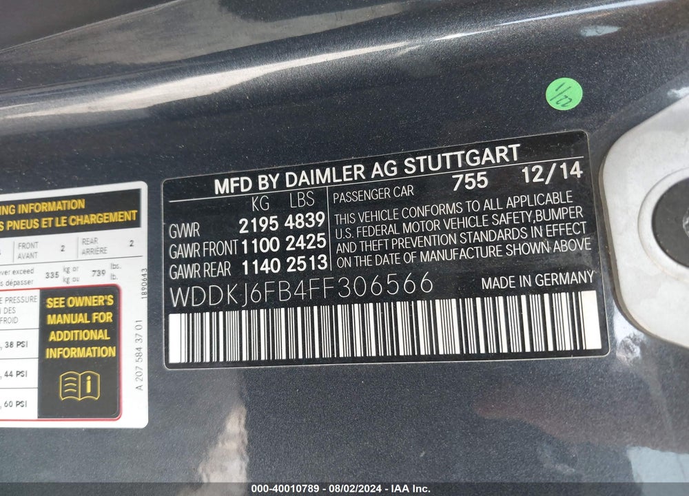 2015 MERCEDES-BENZ E 400 VIN: WDDKJ6FB4FF306566