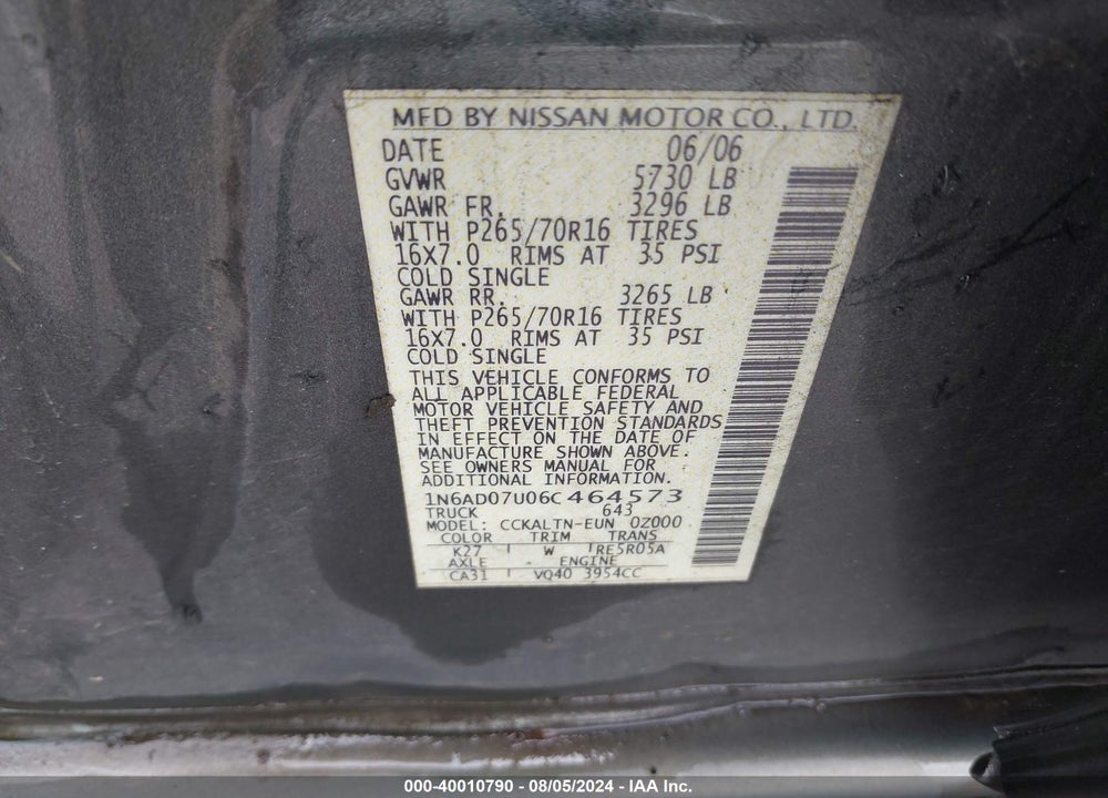 2006 NISSAN FRONTIER SE VIN: 1N6AD07U06C464573
