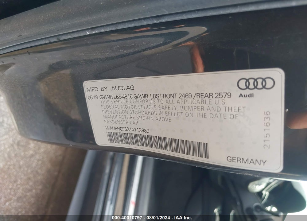 2018 AUDI A5 2.0T PREMIUM VIN: WAUENCF53JA113980