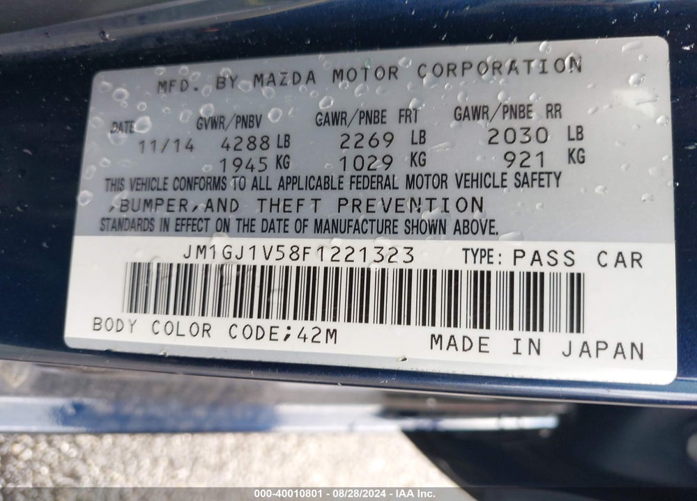 2015 MAZDA 6 I TOURING VIN: JM1GJ1V58F1221323