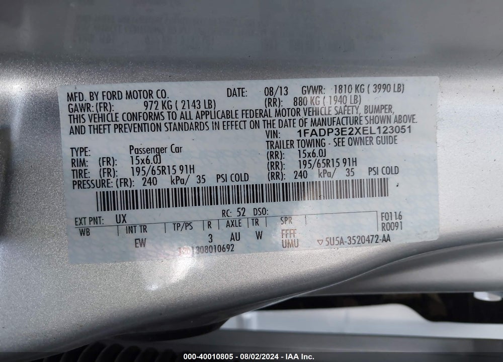2014 FORD FOCUS S VIN: 1FADP3E2XEL123051