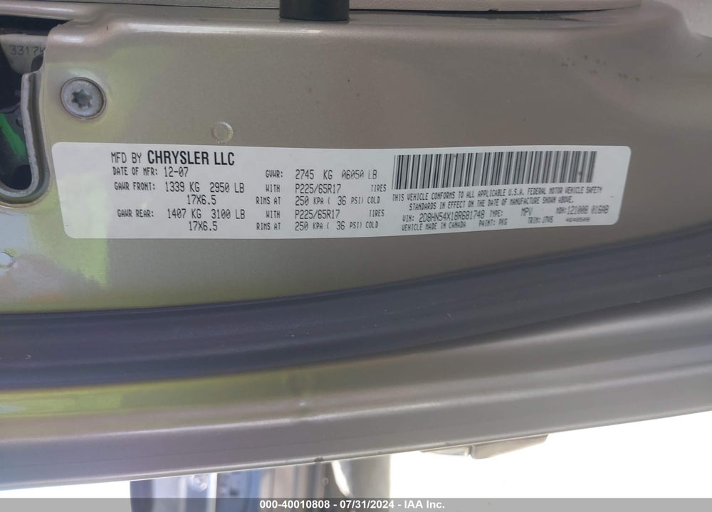 2008 DODGE GRAND CARAVAN SXT VIN: 2D8HN54X18R681748