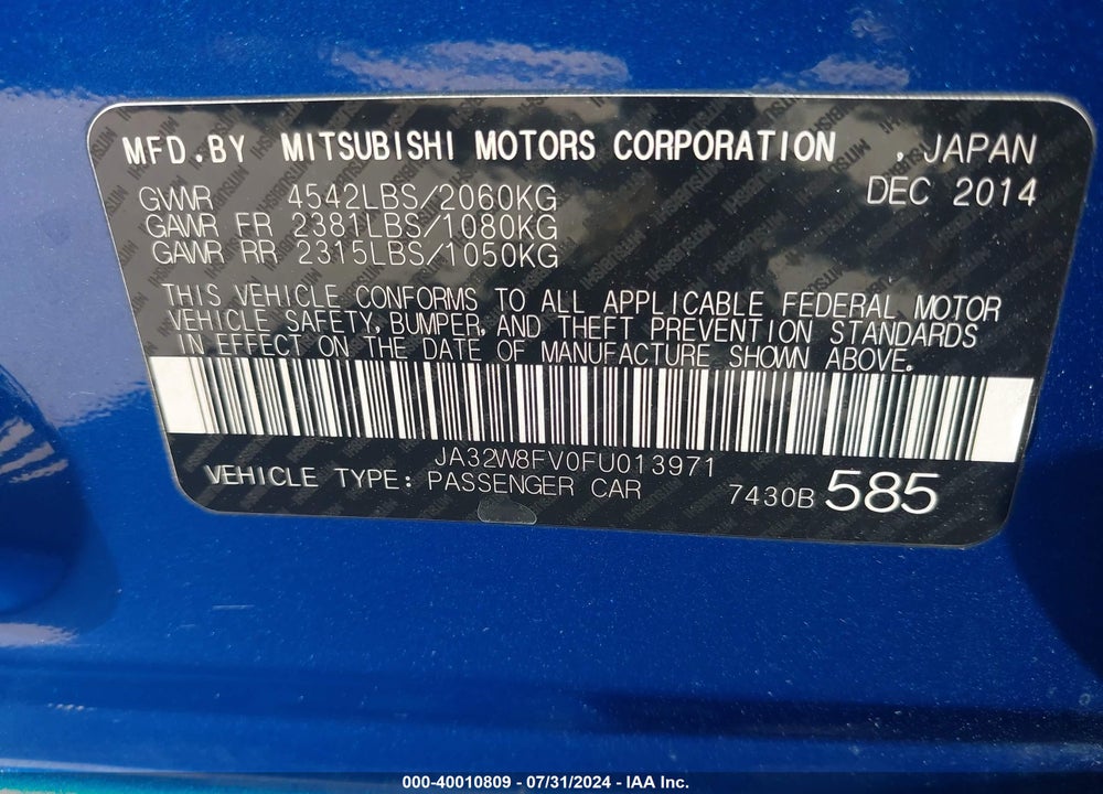 2015 MITSUBISHI LANCER EVOLUTION GSR VIN: JA32W8FV0FU013971
