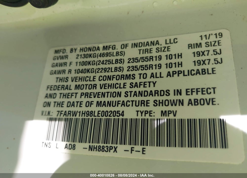 2020 HONDA CR-V 2WD TOURING VIN: 7FARW1H98LE002054