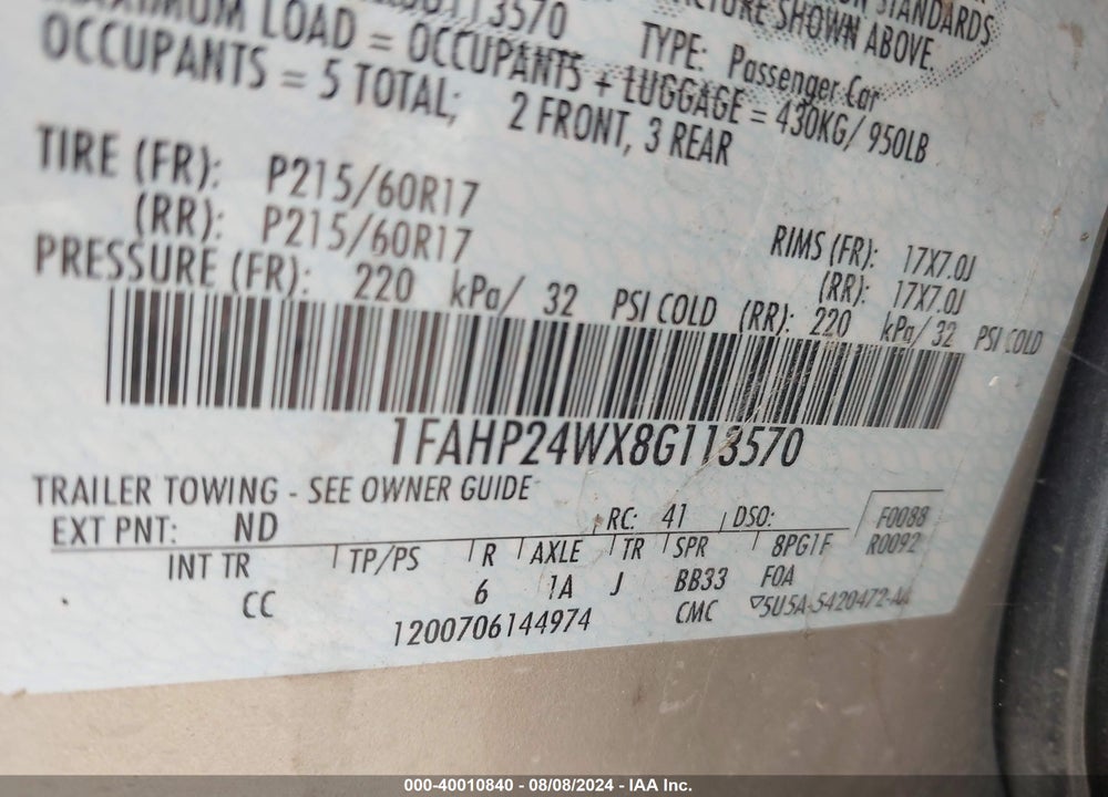 2008 FORD TAURUS SEL VIN: 1FAHP24WX8G113570