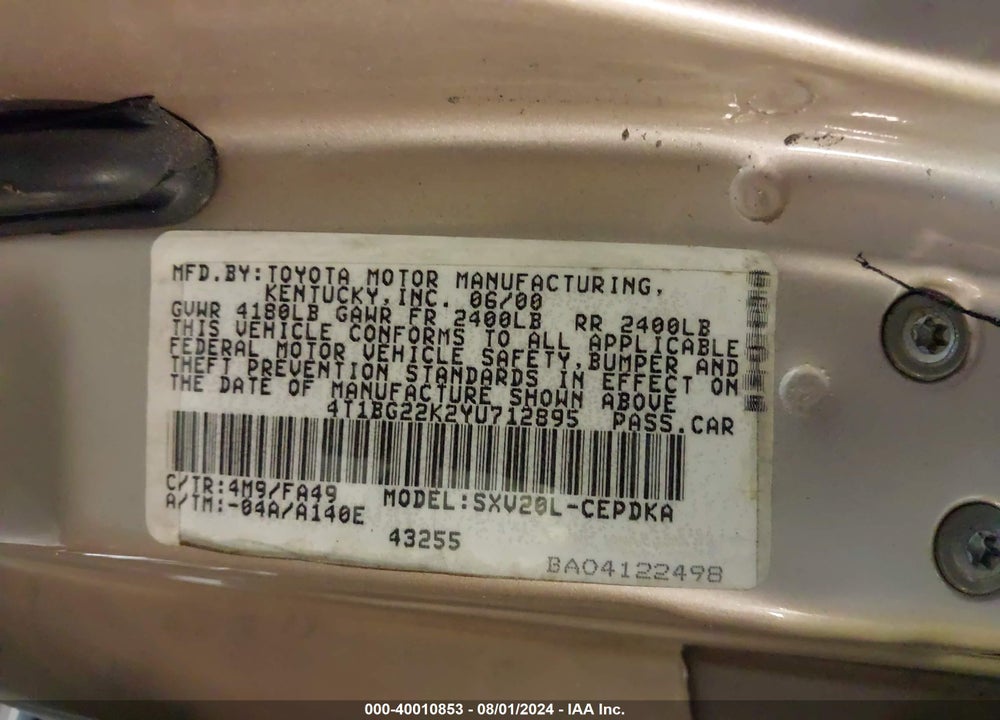 2000 TOYOTA CAMRY CE VIN: 4T1BG22K2YU712895