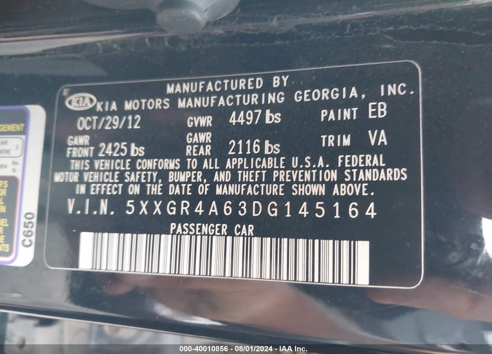 2013 KIA OPTIMA VIN: 5XXGR4A63DG145164