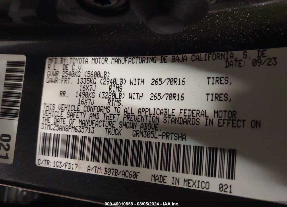 2023 TOYOTA TACOMA TRD OFF ROAD VIN: 3TMCZ5AN8PM635713
