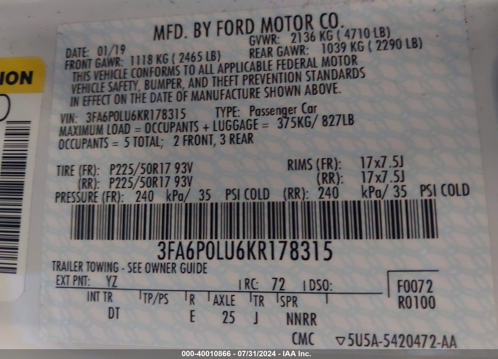2019 FORD FUSION HYBRID SE VIN: 3FA6P0LU6KR178315