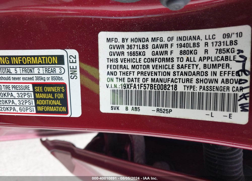 2011 HONDA CIVIC LX VIN: 19XFA1F57BE008218
