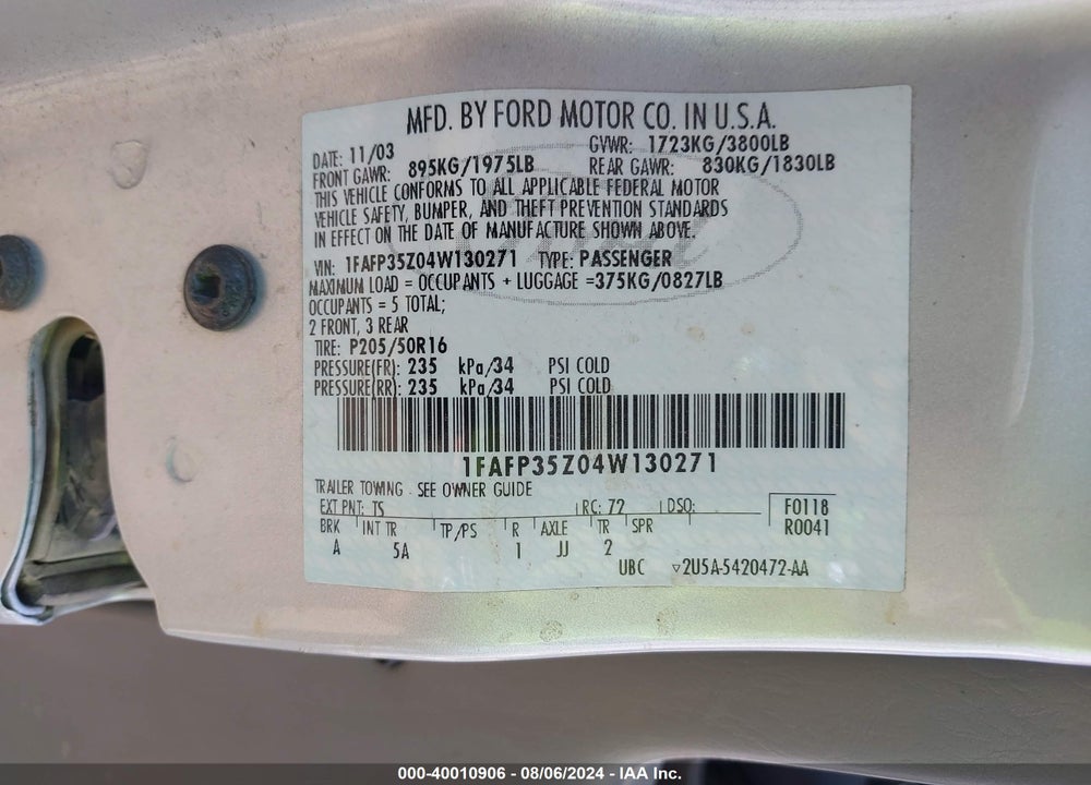 2004 FORD FOCUS ZTW VIN: 1FAFP35Z04W130271
