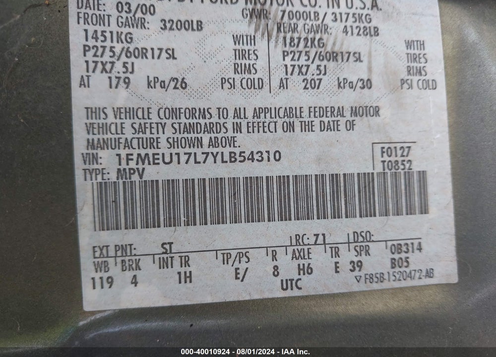 2000 FORD EXPEDITION EDDIE BAUER VIN: 1FMEU17L7YLB54310