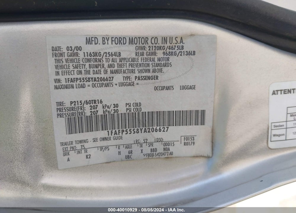 2000 FORD TAURUS SES VIN: 1FAFP55S8YA206627