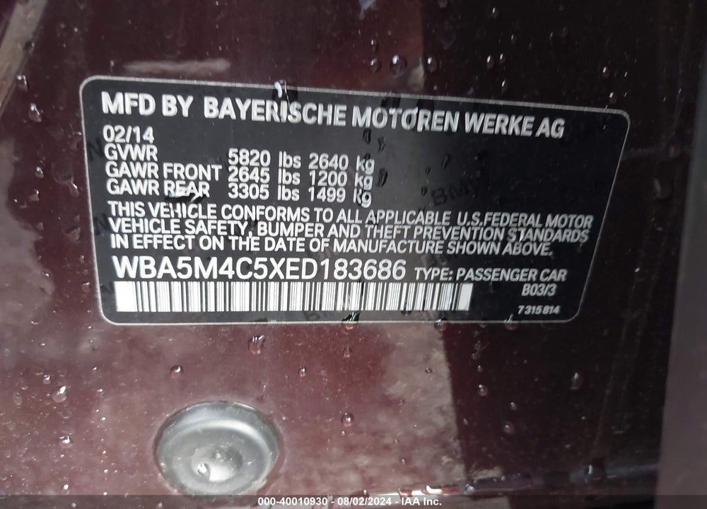 2014 BMW 535I GRAN TURISMO XDRIVE VIN: WBA5M4C5XED183686
