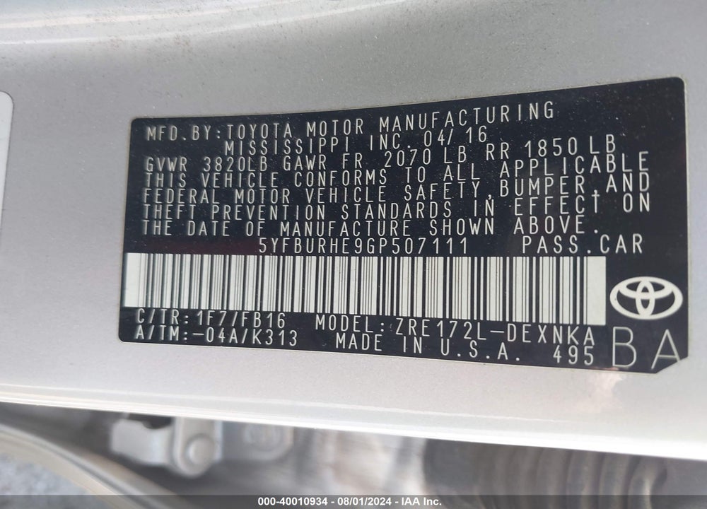 2016 TOYOTA COROLLA LE VIN: 5YFBURHE9GP507111