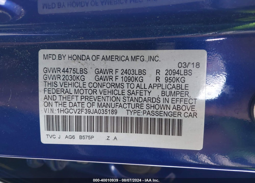 2018 HONDA ACCORD SPORT 2.0T VIN: 1HGCV2F39JA035189