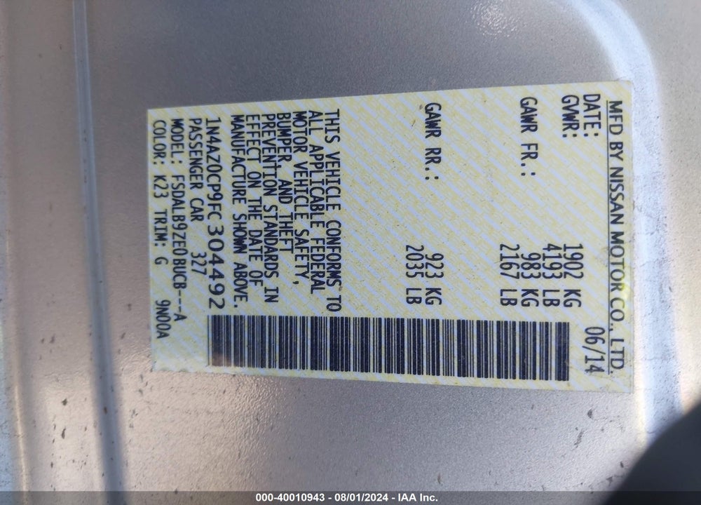 2015 NISSAN LEAF S VIN: 1N4AZ0CP9FC304492