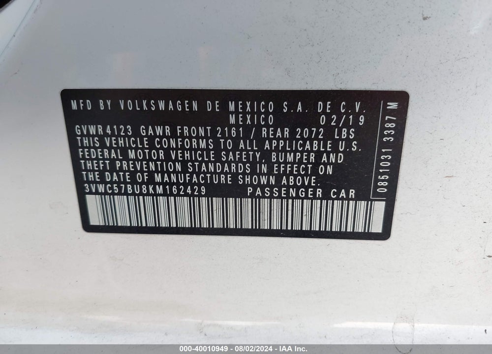 2019 VOLKSWAGEN JETTA VIN: 3VWC57BU8KM162429